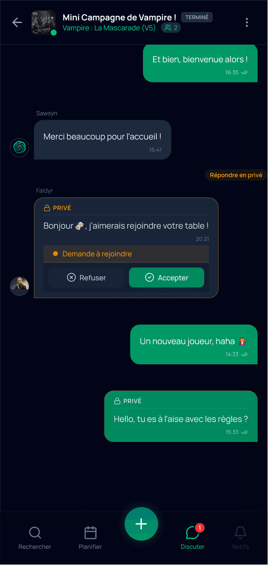Capture d'écran de la page d'une session / table