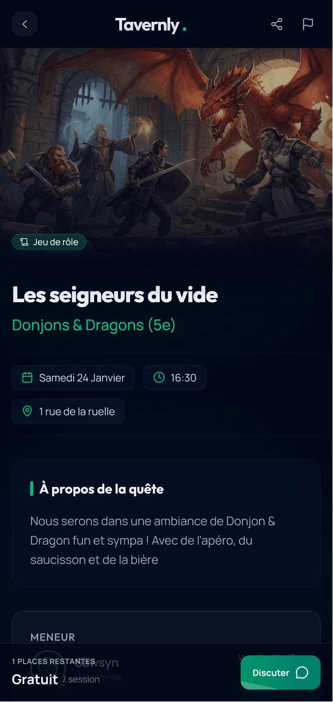 Capture d'écran de la page d'une session / table